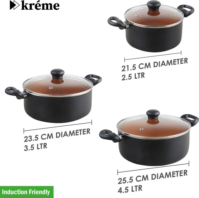Kreme Casserole 2.5L + 3.5L + 4.5L Induction Bottom Non-Stick Coated Cookware Set