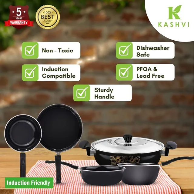 Kashvi Kashvi kadai with Lid, tawa Sauce pan, Fry - Frying Pan, Tadka Pan | Cast iron Induction Bottom Non-Stick Coated Cookware Set