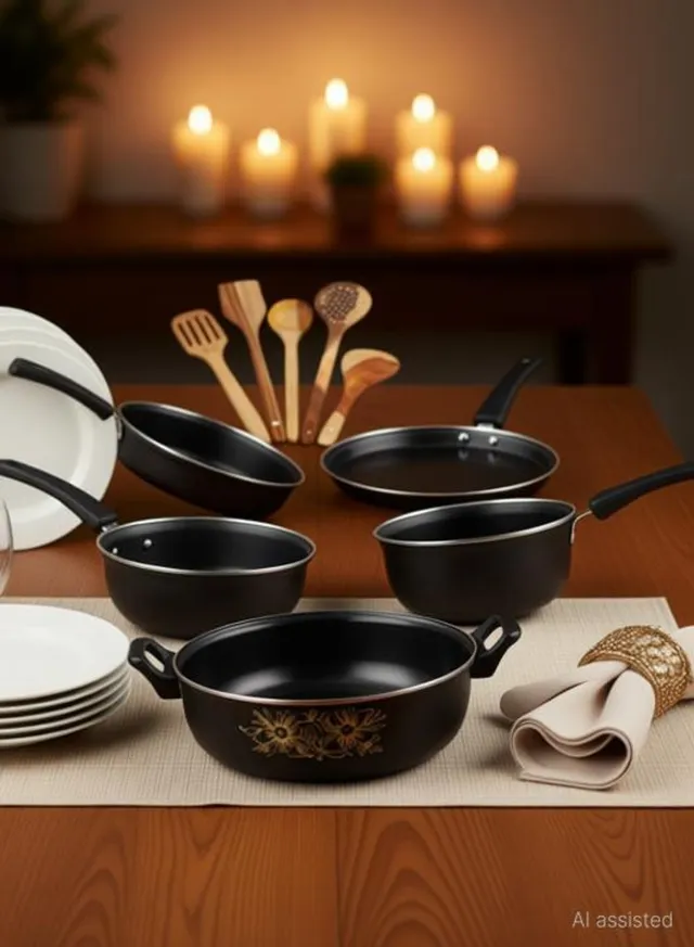 cookpro 10 Pcs Cookware Combo Nonstik cast iron Suitable for Gas & Induction Base(Black) Non-Stick Coated Cookware Set