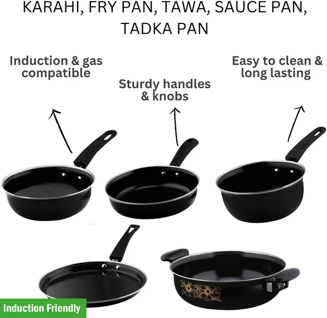 Kashvi Best Kitchen Cookware set of 5pcs Induction Bottom Non-Stick Coated Cookware Set