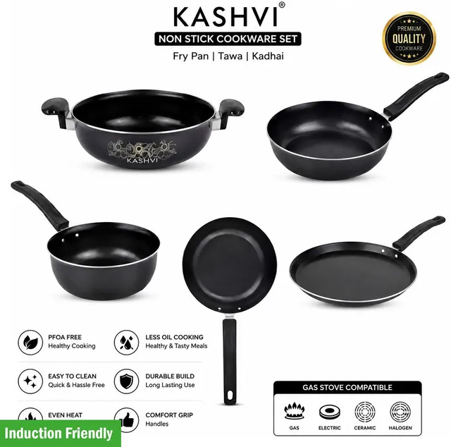 Kashvi Kitchen Non-Stick Cookware Set (5 Pcs) - Tawa, Kadhai, Frypan, Saucepan, Tadka - Induction Bottom Non-Stick Coated Cookware Set
