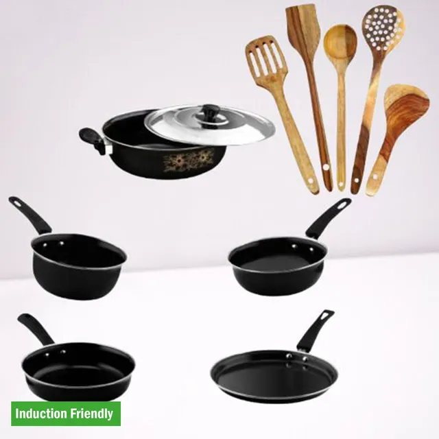 Kashvi 11_Pcs_Cookware_Set_+Karahi_Lid..000.... Induction Bottom Non-Stick Coated Cookware Set