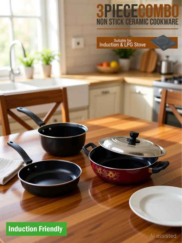 MY STORE Kitchen Combo Nonstick Cookware Set - Kadhai with Lid, Frypan, Saucepan - Induction Bottom Non-Stick Coated Cookware Set