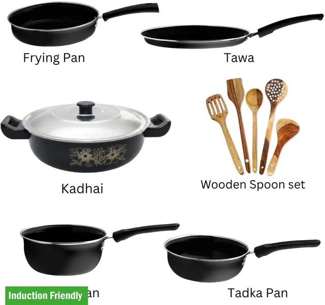 Kashvi Versatile Cooking Set Kadahi,Fry Pan,Tadka Pan,Sauce Pan,Tawa & Wooden Spatulas Induction Bottom Non-Stick Coated Cookware Set