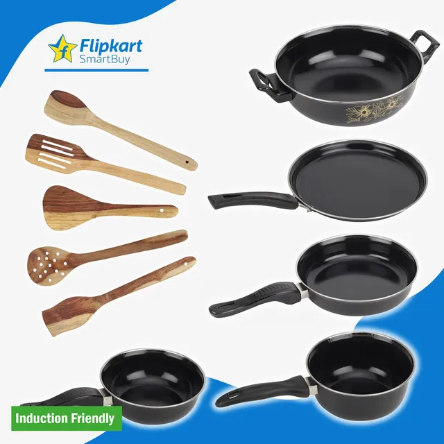 Flipkart SmartBuy Set of Kadhai, Tawa, Fry Pan, Sauce Pan, Tadka Pan & 5 Wooden Spatula 03 | Induction Bottom Non-Stick Coated Cookware Set