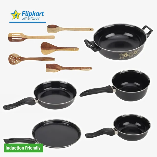 Flipkart SmartBuy Set of Kadhai, Tawa, Fry Pan, Sauce Pan, Tadka Pan & 5 Wooden Spatula 09 | Induction Bottom Non-Stick Coated Cookware Set