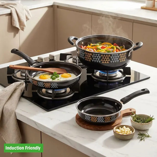 CookSathi Premium Hard Coat Enamelware Non Stick Iron Kadhai, Fry Pan and Tadka Pan Set Induction Bottom Non-Stick Coated Cookware Set