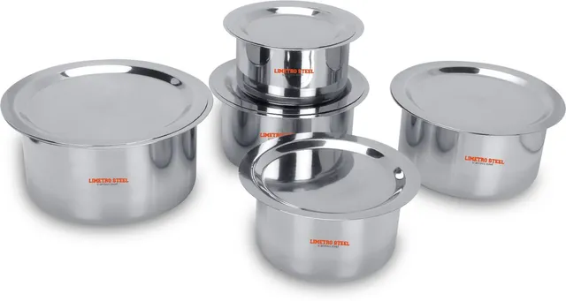 LIMETRO STEEL Stainless Steel Flat Bottom 22 Gauge 5 pcs Tope Set With Lid Cookware Set