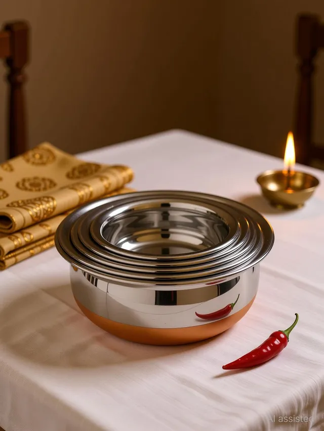 LIMETRO STEEL Set of 5 Copper Base Handi Set / Urli Set / Steel Cookware Set Cookware Set