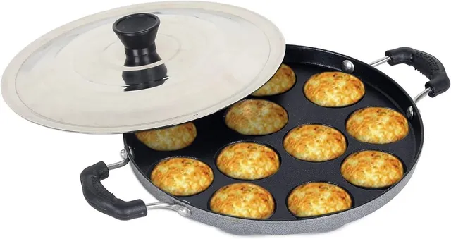 Masox Store 12 Cavity Appam Patra Maker with Lid Guntapongadalu Pan Paniyaram Litti Maker S1 Non-Stick Coated Cookware Set