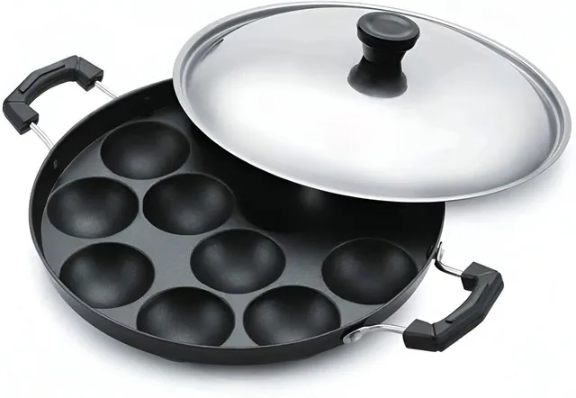 NARV Non Stick Aluminum 12 Cavity Appam Patra with Steel Lid, Appam Litti Maker Non-Stick Coated Cookware Set