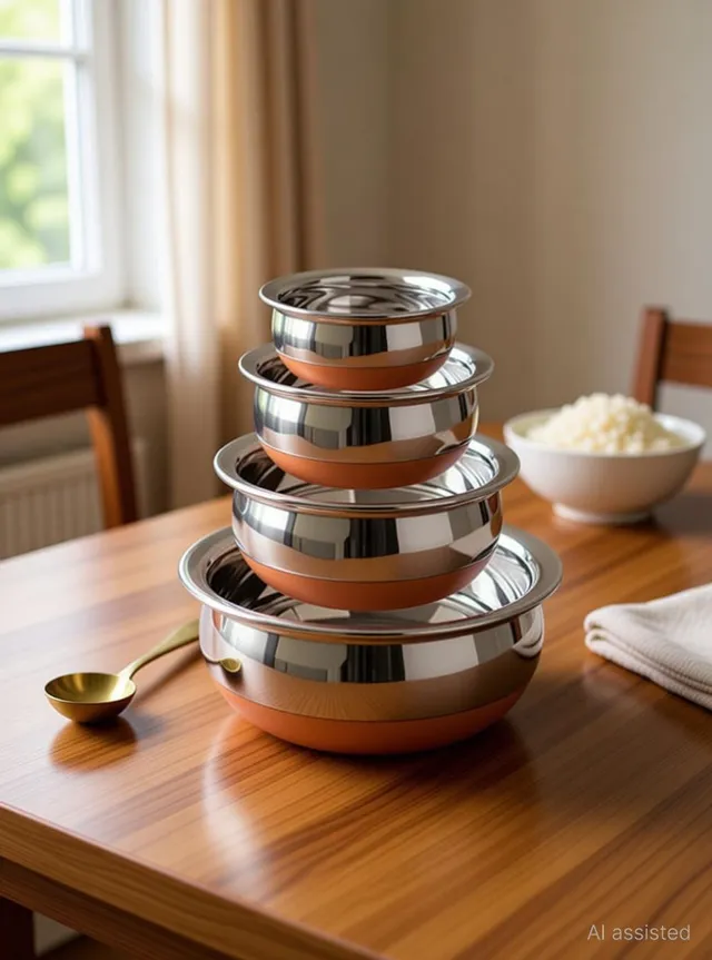 Revi Copper Bottom Handi Pot 5 Piece Set/Steel Handi Set 5 Piece Set Handi Handi 0.4 L, 0.65 L, 0.85 L, 1.2 L, 1.6 L (Stainless Steel, Copper) Cookware Set