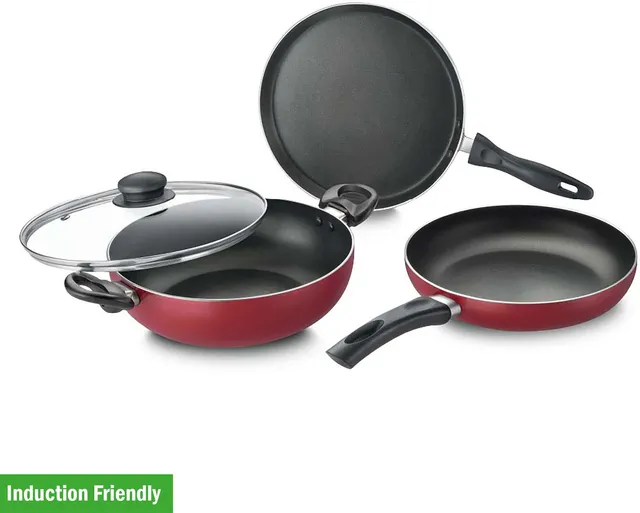 Prestige Omega Deluxe Plus BYK Set of 3-Tawa, Fry Pan & Kadai with Glass Lid Induction Bottom Non-Stick Coated Cookware Set
