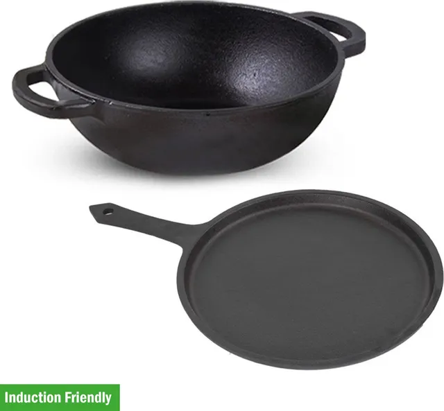 The Indus Valley Pre-Seasones Cast Iron Tawa 10.2Inch, Kadai10Inch Combo Induction Bottom Cookware Set