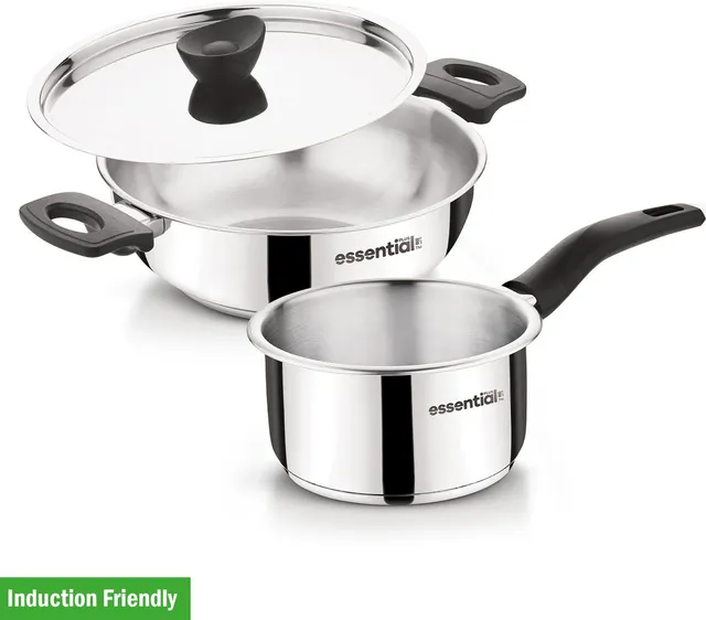 BERGNER Essential Plus Stainless Steel 14cm/1L Saucepan, 24cm/3L Kadai with Lid - 3 Pcs Induction Bottom Cookware Set