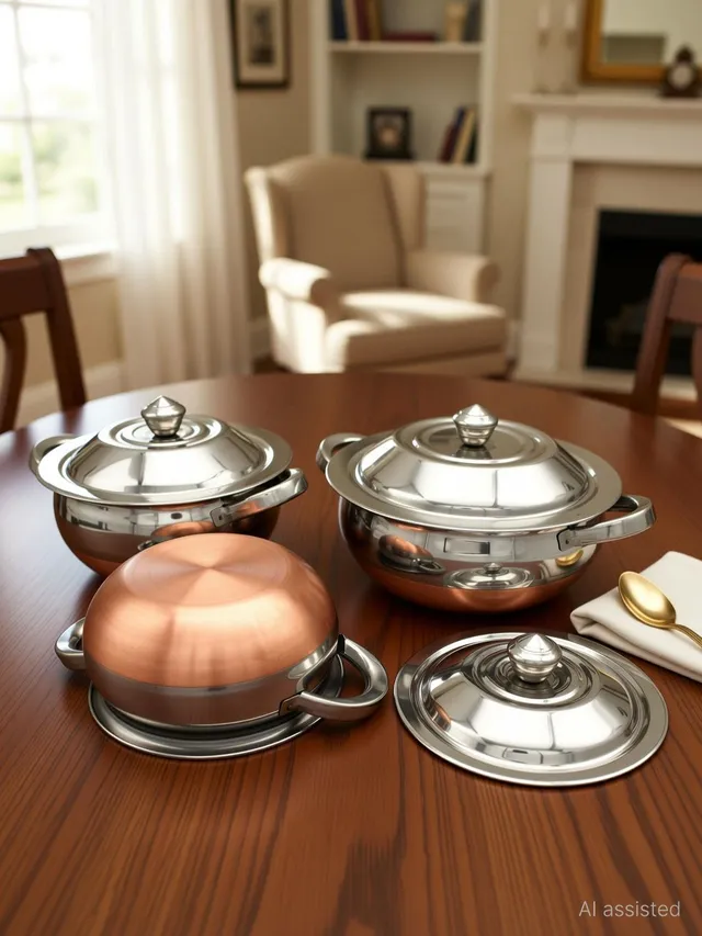 JCBB Stainless Steel Handi Serving Pot with Steel Lid Copper Bottom Silver top -(Set of 3) 550 ml 750 ml 1250 ml Cookware Set