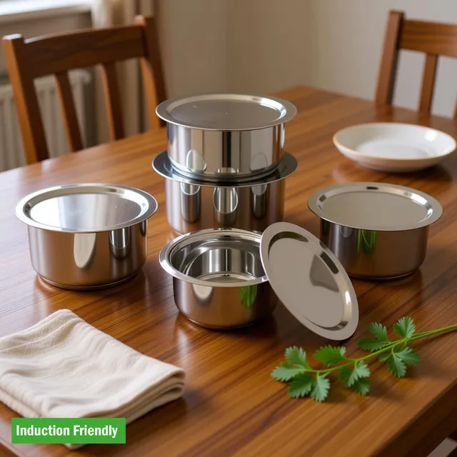 MKIU Stainless Steel Multi-Purpose Kitchen Tope / Patila Set of 5 with lid Induction Bottom Cookware Set