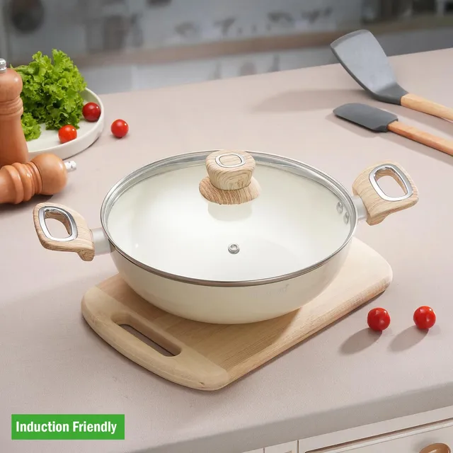 Cook Aid Kadhai with Glass Lid 2.5 Litre 24cm|Ceramic Cookware Kadai For Cooking Cream | Induction Bottom Non-Stick Coated Cookware Set