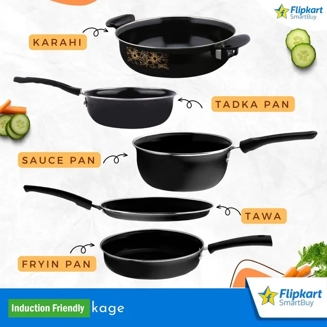 Flipkart SmartBuy Non Stick Cookware Set - Kitchen Items Combo Pack of 5 Pcs - Induction Bottom Non-Stick Coated Cookware Set