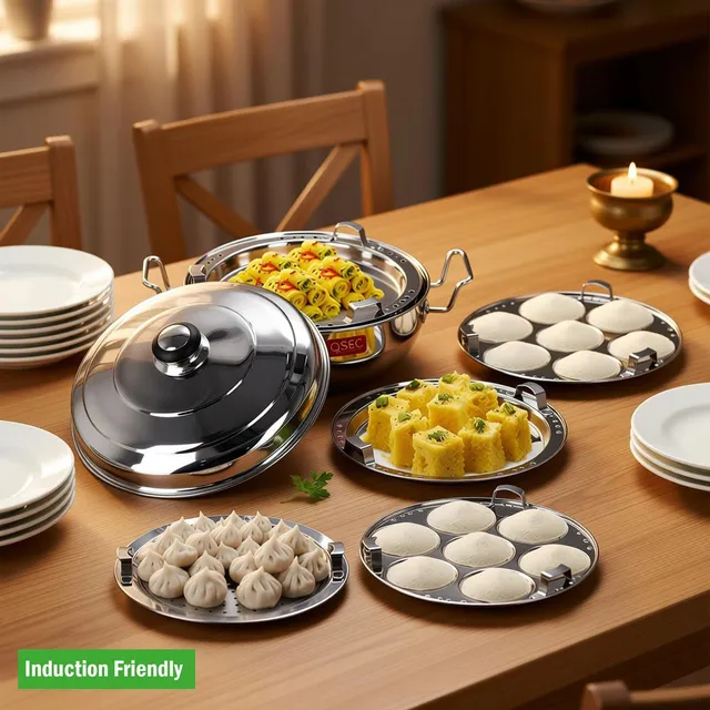 QSEC Stainless Steel Idli maker sandwich Bottom 2 Idli,2 Dhokla,1 Patra-Momo's,285mm Induction Bottom Cookware Set