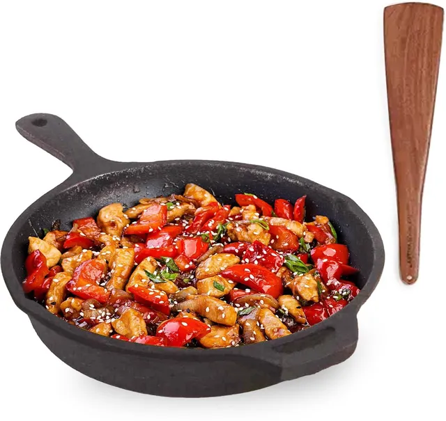 The Indus Valley Pre-seasoned Cast Iron Skillet Fry Pan with Wooden Flip | 9.8inch Fry Pan Cookware Set