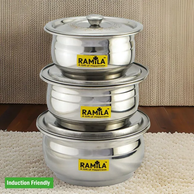RAMILA Stainless steel cookware set Handi With Lid, Steel Set( LASER DESIGN LID ) Induction Bottom Cookware Set