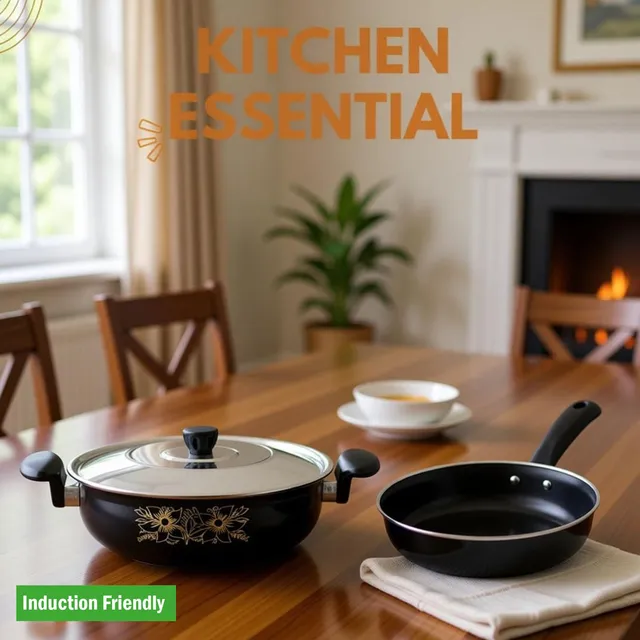 Kashvi Best Kitchen Combo Premium Kadhai with lid + Fry Pan Induction Bottom Non-Stick Coated Cookware Set