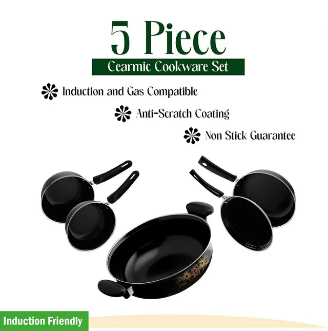 TOLXI Modern Kitchen Set Kadahi, Fry Pan, Tadka Pan, Sauce Pan, Tawa, Wooden Spoons Induction Bottom Non-Stick Coated Cookware Set