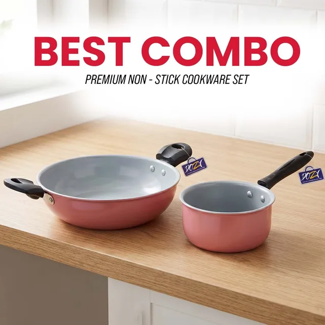Dozy Premium Non-Stick 2-Piece Cookware Set: Karahi and Saucepan with Cool Handles Induction Bottom Non-Stick Coated Cookware Set