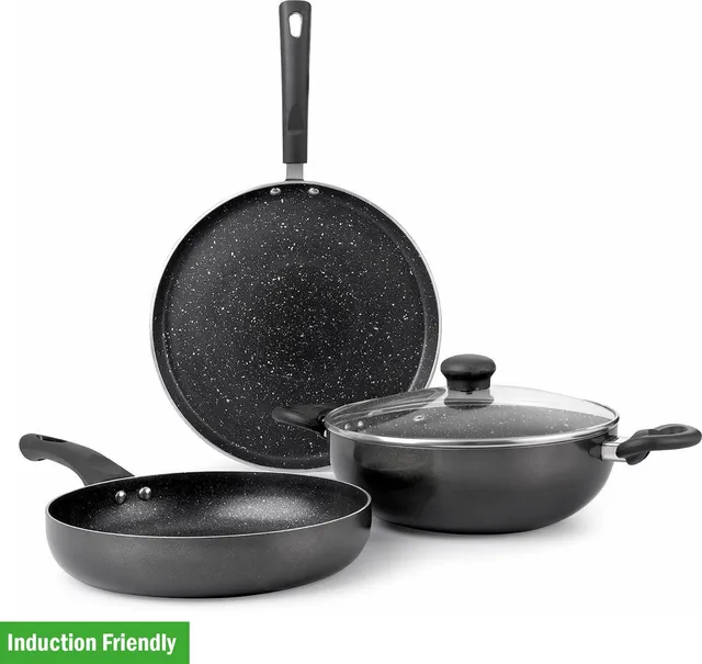 cello Premium Kitchenova Gift(Dosa Tawa 28cm, Fry Pan 24cm, Kadai with Glass Lid 24cm) Induction Bottom Non-Stick Coated Cookware Set