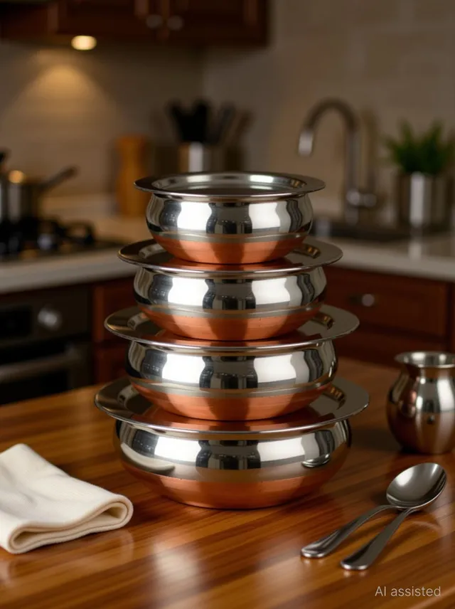 RBGIIT Pack of 8 Stainless Steel Stainless Steel Copper Bottom Cooking & Serving Biryani/Punjabi/ Pot /Handis mirror finish design Handi Copper Vegetable Bowl ,Cooking Dinner Table Serving Biryani Pot Handi Kadhai , Panikarilikka Steel Handi Perfect Copper Handi Set for Everyday Use Whether you want to cook a delicious serving of your favourite sabzi or heat leftover curries from the previous day Stainless Steel Copper Bottom Cooking Serving Pot Biryani Handi serving Handi/tableware/storage containers/bakeware/ dinner set/ kitchen set steel item for home appliances and kitchen serving cooking combo set with lid/cover/dhakkan/ storage container copper handi /URLI set fruit and salad bowl Cookware set Cookware/ Container/pot pan/patila/bhagona/Serving bowl/biryani cook & serve Set Dinner Set Cookware Set