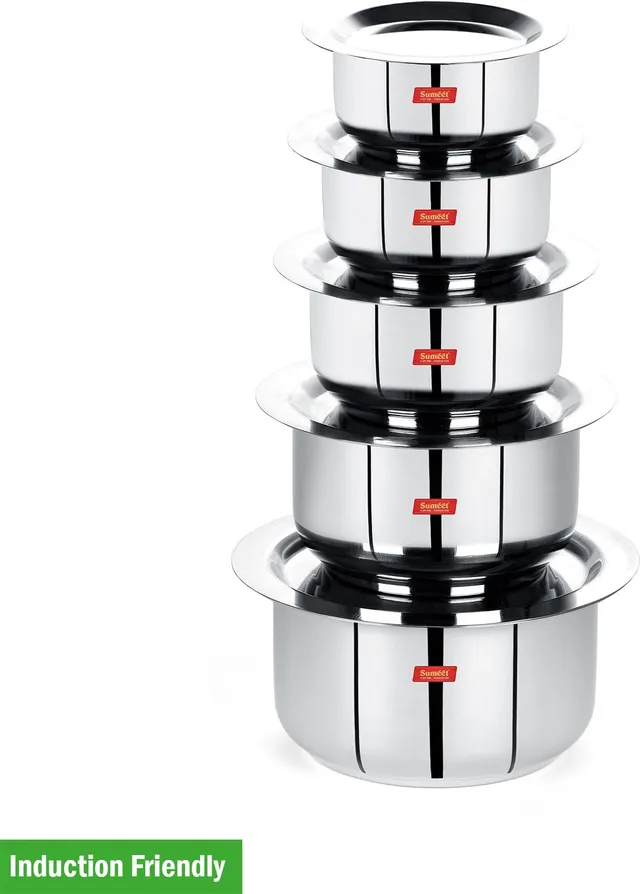 Sumeet Stainless Steel Mini to Med. Size Flat Bottom Induction & Gas Stove Friendly Tope / Patila / Cookware Set of 5Pcs with Lids (370ML, 550ML, 800ML, 1100ML,1400ML) Induction Bottom Cookware Set