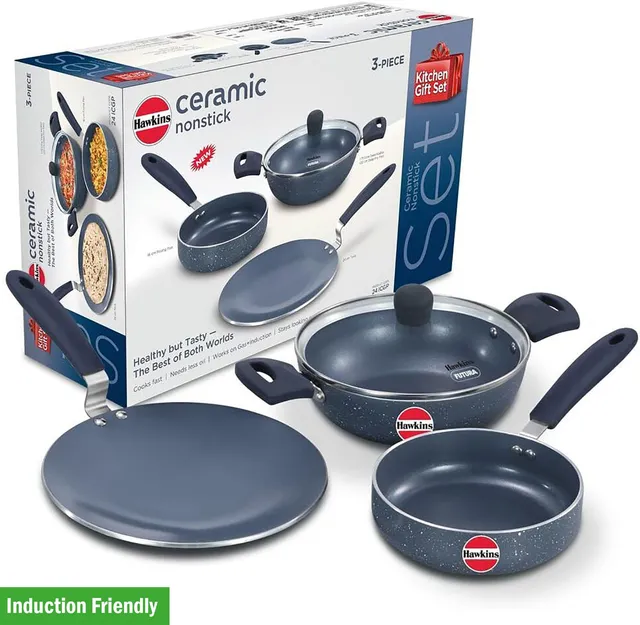 Hawkins Ceramic Nonstick (3pcs) Kitchen Gift Set- 1.75L Kadhai, Frypan, Tava (24ICGP) Induction Bottom Non-Stick Coated Cookware Set