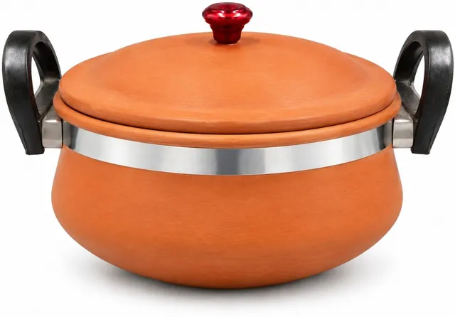 MITTIHERITAGE Clay Handi with Lid | Earthen Matka Cooking Pot Induction Bottom Non-Stick Coated Cookware Set