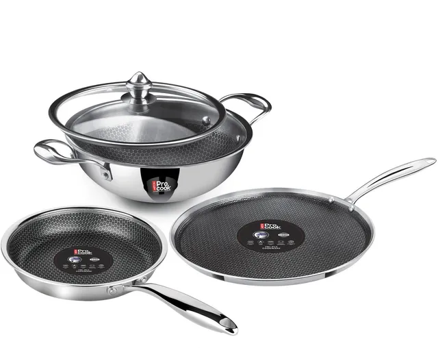 MILTON Pro cook Triply Hexa Tech 4 Pc Set Stainless Steel Silver 3 Years Warranty Non-Stick Coated Cookware Set