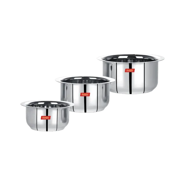 Sumeet Stainless Steel Mini Size Flat Bottom Induction & Gas Stove Friendly Tope / Patila / Cookware Set of 3Pcs (370ML, 550ML, 800ML) Induction Bottom Cookware Set