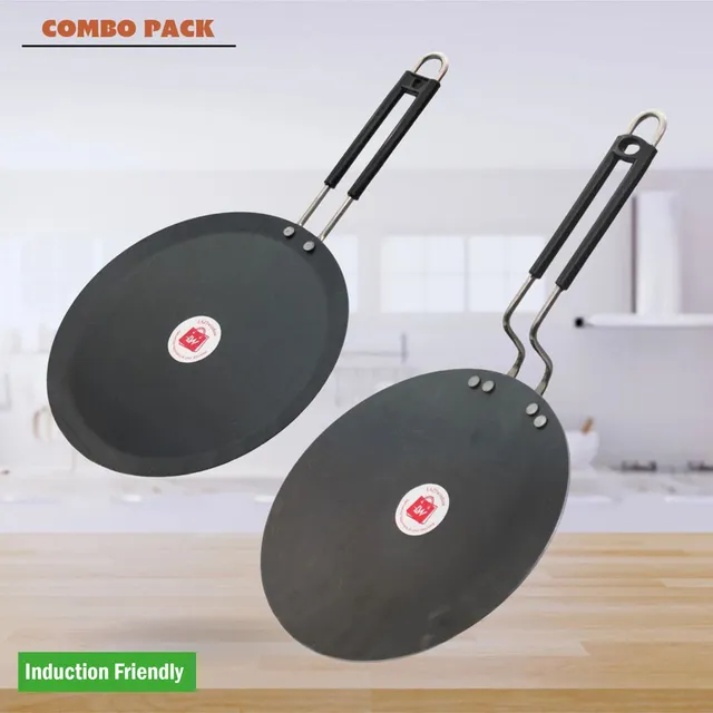 LAZYwindow Traditional Iron Tawa with insulated Handle (Base Black) Induction Bottom Cookware Set