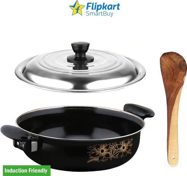 Flipkart SmartBuy Kitchen Non-Stick Combo Pack of Kadhai with Lid and Wooden Spatula - 1 Induction Bottom Non-Stick Coated Cookware Set