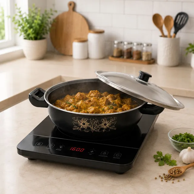 cookpro Non Stick Cast Iron Kadahi With lid 26 Cm Dia 3.5 L Capacity (Black) 2Pcs Combo Induction Bottom Non-Stick Coated Cookware Set
