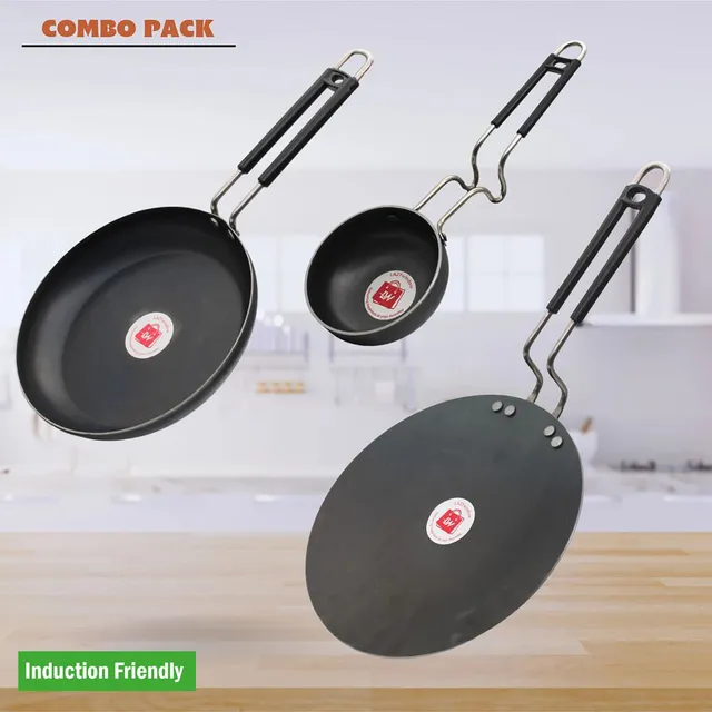 LAZYwindow Traditional Iron Fry Pan, Tawa And Tadka Pan with Steel Handle Induction Bottom Cookware Set
