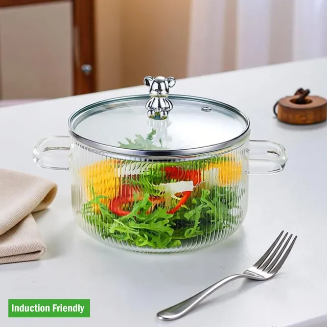 zelovi Teddy Big Size 1600 ML Glass Serving Bowl with Lid Cooking Pot Mixing Induction Bottom Non-Stick Coated Cookware Set