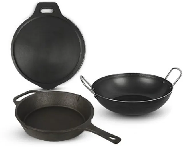 The Indus Valley Pre Seasoned Cookware Combo- Cast Iron Tawa 11inch/Cast Iron Skillet/ Iron Kadai Cookware Set