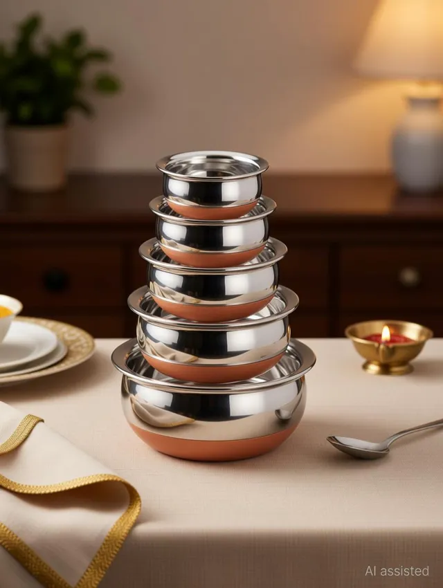 RBGIIT Steel Copper Bottom Kitchen Serving, Cooking Bowl Steel Handi | Biryani Handi K0 Cookware Set