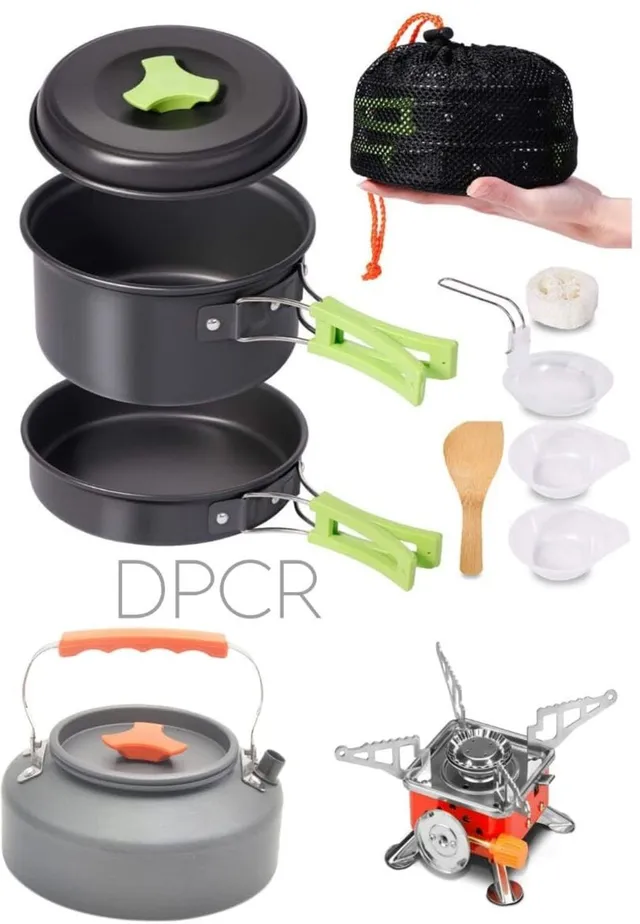 byrm 8 Pcs Camping Cooking Set with Portable Gas Stove with Portable Kettle 0.8L Non-Stick Coated Cookware Set