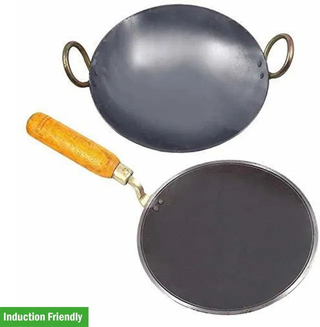 KITCHEN SHOPEE Iron cookware Set Iron deep Kadai kadhai for Cooking Iron Tawa for Roti/Chapathi Induction Bottom Non-Stick Coated Cookware Set