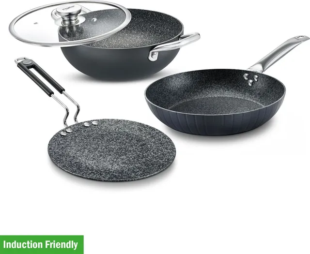 Prestige Durastone BYK 6 Layers coating Set-Tawa-24.5cm+Kadai-24cm+Fry Pan-24cm Induction Bottom Non-Stick Coated Cookware Set