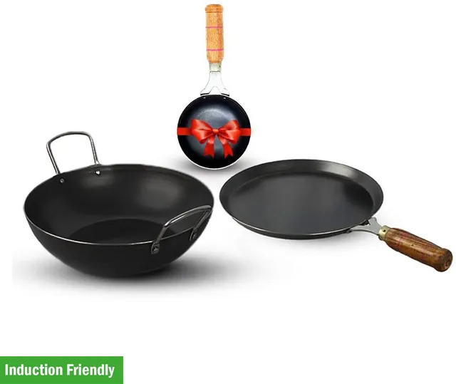 The Indus Valley Pre-Seasoned Light Iron Cookware Set + Free Tadka Pan | Kadai (2L) + Tawa Induction Bottom Cookware Set