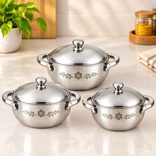 KARVA GROUP Stainless Steel Kadhai with Lid Set (2.1 Liters, 1.7 Liters, 1.5 Liters) Cookware Set