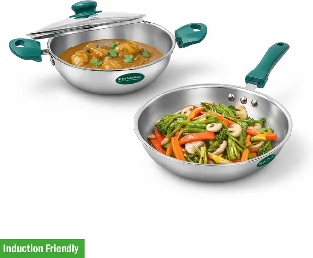 The Indus Valley Triply Stainless Steel Cookware Set- kadai and Fry pan Induction Bottom Non-Stick Coated Cookware Set