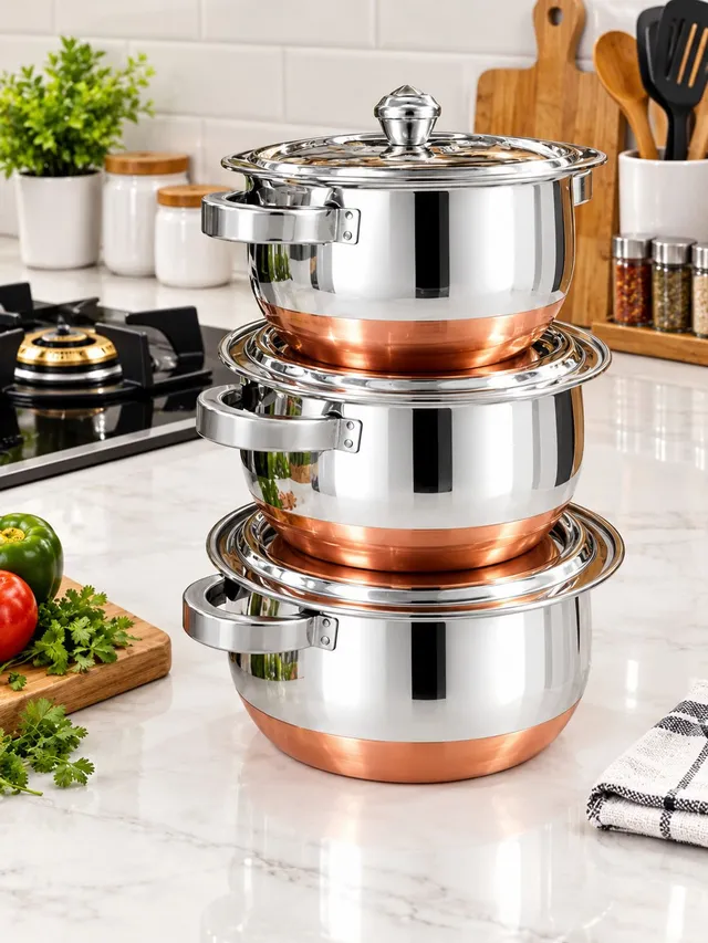 KRB Krb,Stainless Steel Serving Bowl Copper Bottom Handi / Cookware Set with Lid Cookware Set
